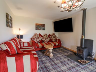 A living room with red and white striped sofas a wooden coffee table a wall-mounted TV and a wood burning stove at Pond Farm Woodlands in Ugthorpe