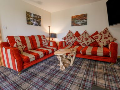 A living room with two striped red and beige sofas a wooden coffee table and a plaid carpet at Pond Farm Woodlands in Ugthorpe
