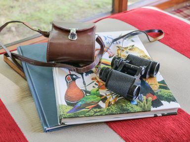 Binoculars and a brown case on top of two books with bird illustrations on a striped surface at Pond Farm Woodlands in Ugthorpe