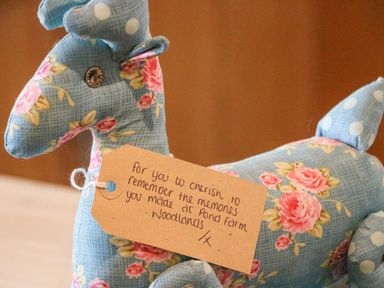 A fabric dog with floral pattern and a tag attached at Pond Farm Woodlands Ugthorpe