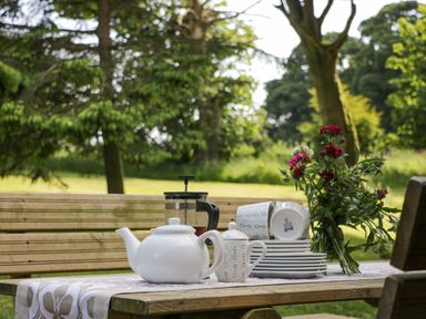 A picnic table with tea set and flowers in a garden at Pond Farm Woodlands in Ugthorpe