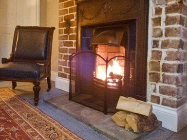 A fireplace with firewood and fireguard beside a chair on a carpet at Woodland Cottage in Malvern