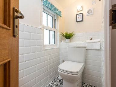A bathroom with a white toilet a window with a blue patterned blind a potted plant a framed picture and a white towel at Old Rectory House in Caersws