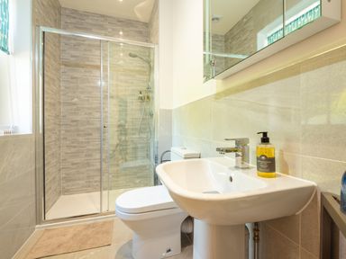 A bathroom with a glass shower cubicle a toilet a white sink with hand wash at Old Rectory House in Caersws