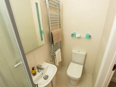 A small bathroom with a toilet a sink a mirror a towel rack with two towels and a glass shelf with two blue cups at Old Rectory House in Caersws