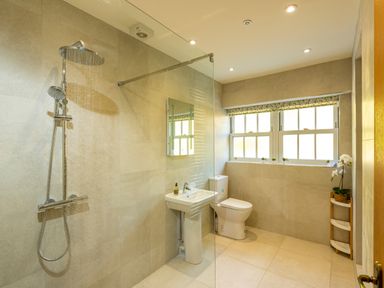 A bathroom with a shower area a sink a toilet and windows at Old Rectory House in Caersws