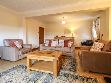 A living room with leather sofas cushions wooden coffee table and a lamp at Ty Newydd in Llangadfan