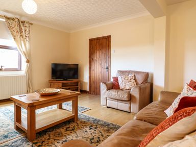 A living room with a wooden coffee table a television on a stand leather sofas and patterned curtains at Ty Newydd in Llangadfan