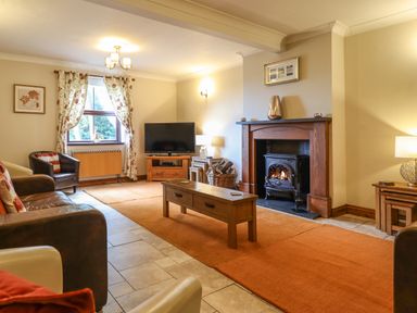 A living room with a sofa armchairs a wooden coffee table a fireplace television and a window with curtains at Ty Newydd in Llangadfan