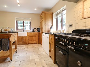 A kitchen with wooden cabinets black countertops a black stove a white dishwasher and a kitchen island with a cake on a stand at Ty Newydd in Llangadfan