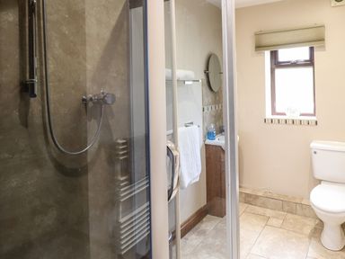 A bathroom with a shower enclosure a toilet a small window with a blind a sink with a mirror and towels at Ty Newydd in Llangadfan