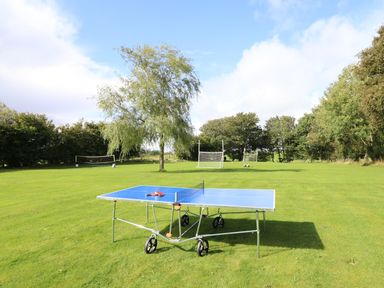 A blue table tennis table with paddles on green grass near trees and badminton nets at Ty Newydd in Llangadfan