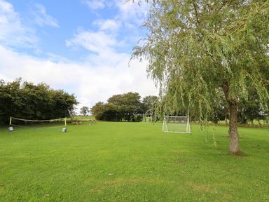 A grassy outdoor area with a soccer goal net a volleyball net and picnic tables under trees at Ty Newydd in Llangadfan