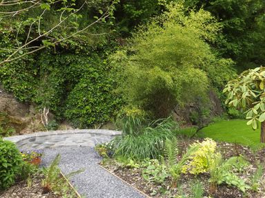 A garden with various plants a gravel path and a stone bench at Kingfisher in Blaenwaun