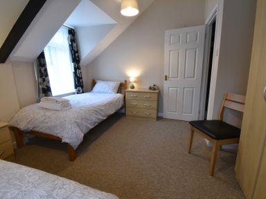 A bedroom with a single bed and furniture at Kingfisher in Blaenwaun