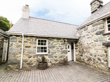 Stone exterior of a building with a window and a white door next to a paved patio with a potted plant at Hen Gelligemlyn - The Annexe in Ganllwyd