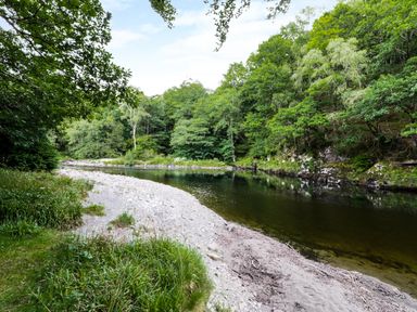 A river with a pebble and sandy bank surrounded by trees and grass at Hen Gelligemlyn - The Annexe in Ganllwyd