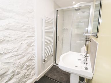 A bathroom with a sink a towel rack and a walk in shower at Hen Gelligemlyn - The Annexe in Ganllwyd