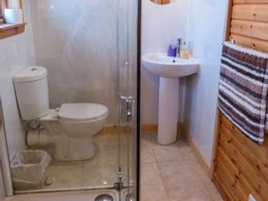 A bathroom with a toilet sink towel and waste bin at Strathavon Chalet in Aviemore
