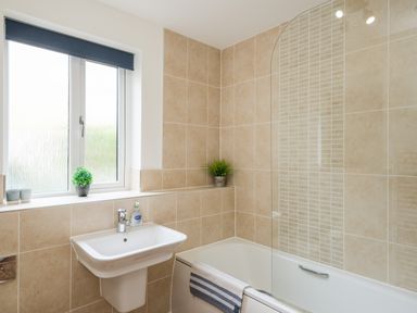 A bathroom with a sink bathtub a window and decorative plants at Stone's Throw in Charlestown