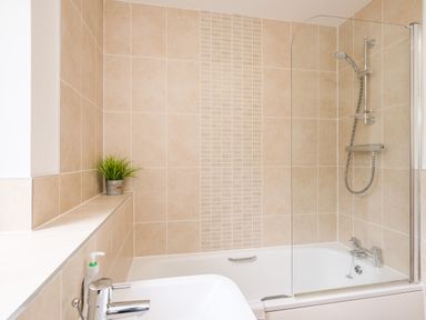 A bathroom with a bathtub shower and a small plant on a tiled ledge at Stones Throw in Charlestown