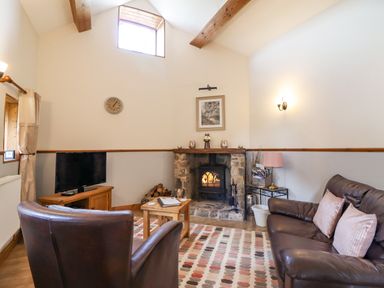 A living room with a stone fireplace a television a brown leather sofa and an armchair at Bwthyn Ty Newydd in Llangadfan
