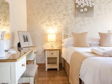 A bedroom with a bed two pillows a bedside table with a lamp and a dressing table with a mirror at Bwthyn Ty Newydd in Llangadfan