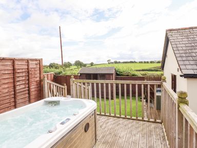 A wooden deck with a hot tub overlooking a fenced grassy yard with a shed and rural fields at Bwthyn Ty Newydd in Llangadfan