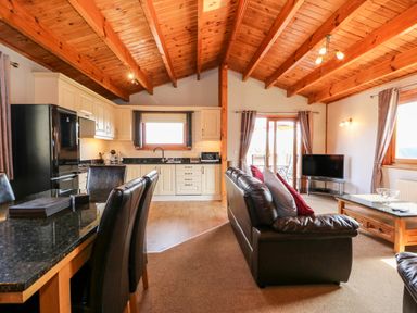 An open plan living room and kitchen with black dining chairs leather sofas and wooden ceiling beams at Bittern Lodge in Tattershall Lakes Country Park