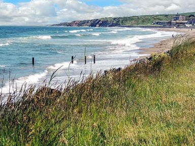 A beach with waves and grassy cliffs with buildings in the distance at The Lookout in Berwick-upon-Tweed