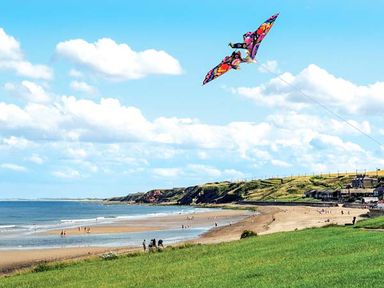 A beach with people walking near the water and a kite flying over grassy hills at The Lookout in Berwick-upon-Tweed