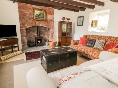 A living room with a brick fireplace a wood stove a patterned sofa a beige sofa a TV and a black trunk coffee table at The Lookout in Berwick-upon-Tweed