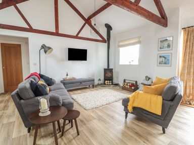 A living room with two sofas a wood burning stove and exposed wooden beams at The Stable in Berkeley