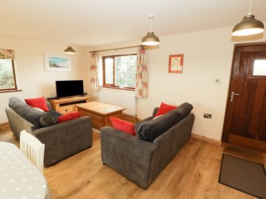 A living room with two sofas, red cushions, a wooden coffee table, television on a stand, windows with floral curtains, and a wooden door at Bodneithior in Llanerchymedd