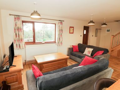 A living room with two grey sofas red and floral cushions a wooden coffee table and TV on a wooden stand at Bodneithior in Llanerchymedd