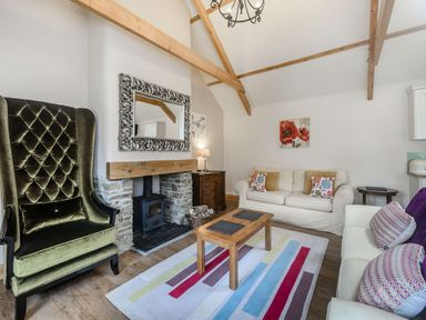 A living room with sofas a green armchair a wooden coffee table and a fireplace at Warbrook in Bradworthy