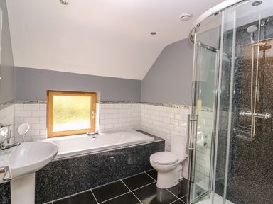 A bathroom with a bathtub under a window a toilet a pedestal sink and a corner shower enclosure at The Farmhouse in Capel Bangor near Aberystwyth