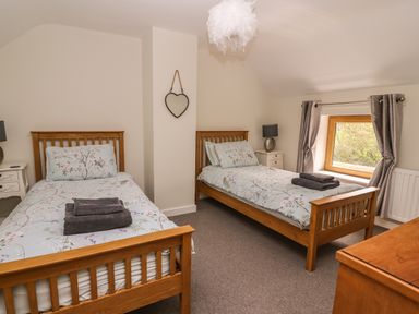A bedroom with two single wooden beds bedside tables lamps and a window with curtains at The Farmhouse in Capel Bangor near Aberystwyth