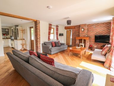 A living room with sofas a coffee table a fireplace and a television at The Farmhouse in Capel Bangor near Aberystwyth