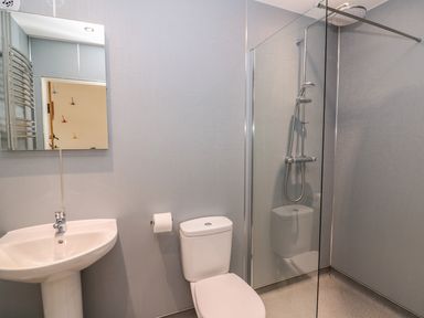 A bathroom with a pedestal sink a toilet and a glass-enclosed shower at The Farmhouse in Capel Bangor near Aberystwyth