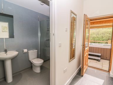 A bathroom with a sink toilet and shower next to a hallway with a wall mirror and an open door leading to a patio with a hot tub at The Farmhouse in Capel Bangor near Aberystwyth