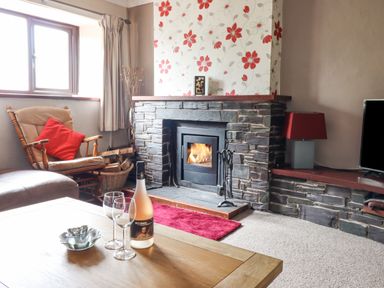 A living room with a stone fireplace and a wooden chair with a red cushion at Haulfryn in Bethesda