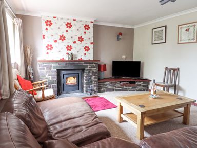 A living room with a stone fireplace, a television, a wooden coffee table with a bottle and glasses, a leather sofa, and framed pictures on the wall at Haulfryn in Bethesda