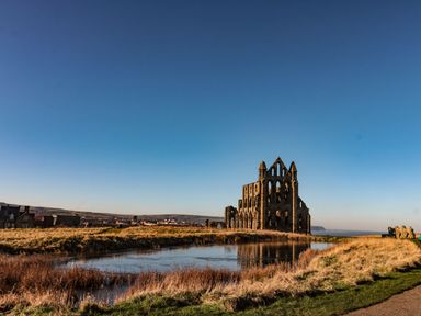 Ruins near water with grass and houses at Mayfield Manor in Whitby