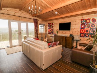 A living room with leather sofas a TV and wall art at The Cabin in Pontardawe