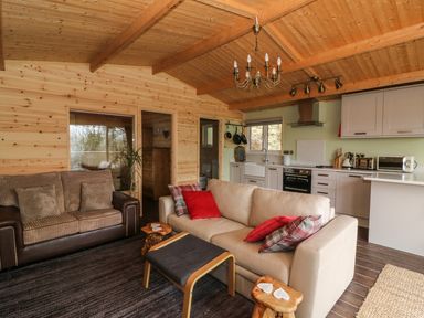 A living room with two sofas a kitchen with white cabinets and appliances and wooden walls and ceiling at The Cabin in Pontardawe