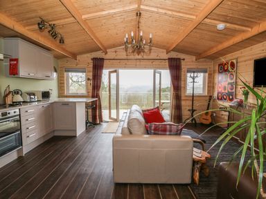 A living space with a kitchen area sofa guitar and open doors leading outside at The Cabin in Pontardawe