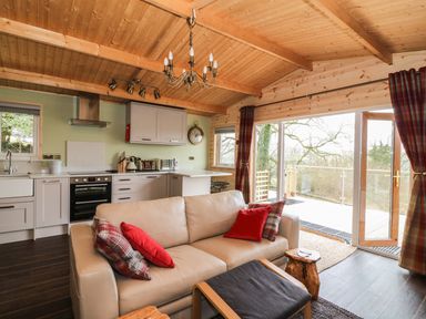 An open living area with a beige sofa and red pillows near a kitchen with cabinets and appliances at The Cabin in Pontardawe