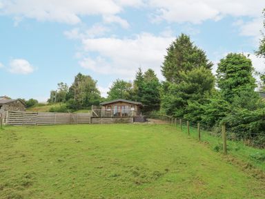 A cabin surrounded by grass and trees at The Cabin in Pontardawe
