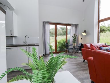 A living room with a kitchen sink, dining table and chairs at Budmouth Upwey near Weymouth